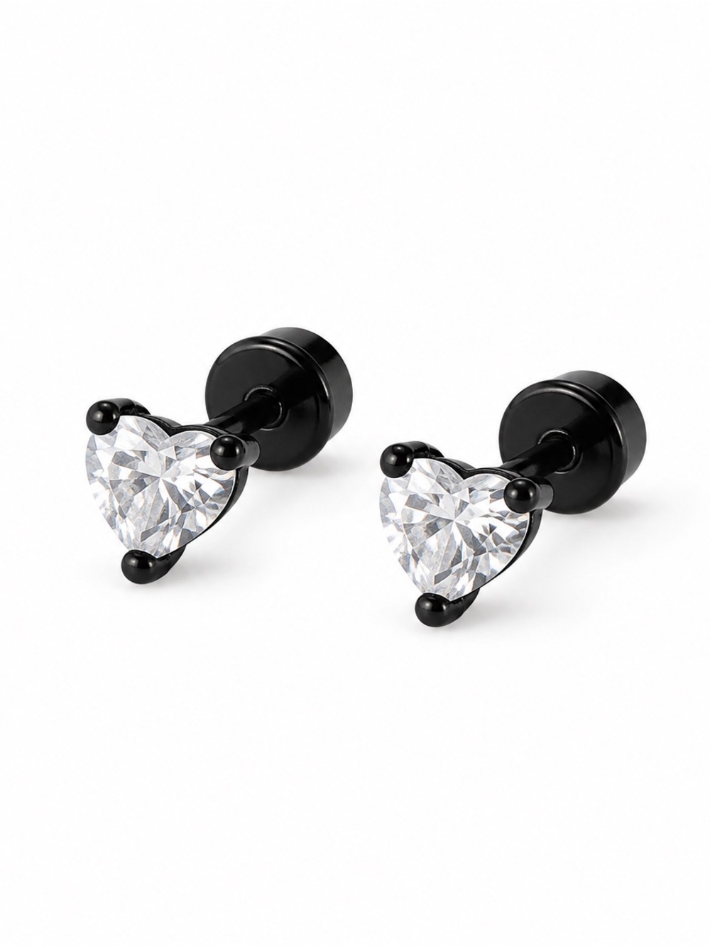 Black Heart CZ Flat Back Stud Earrings 20G Stainless
